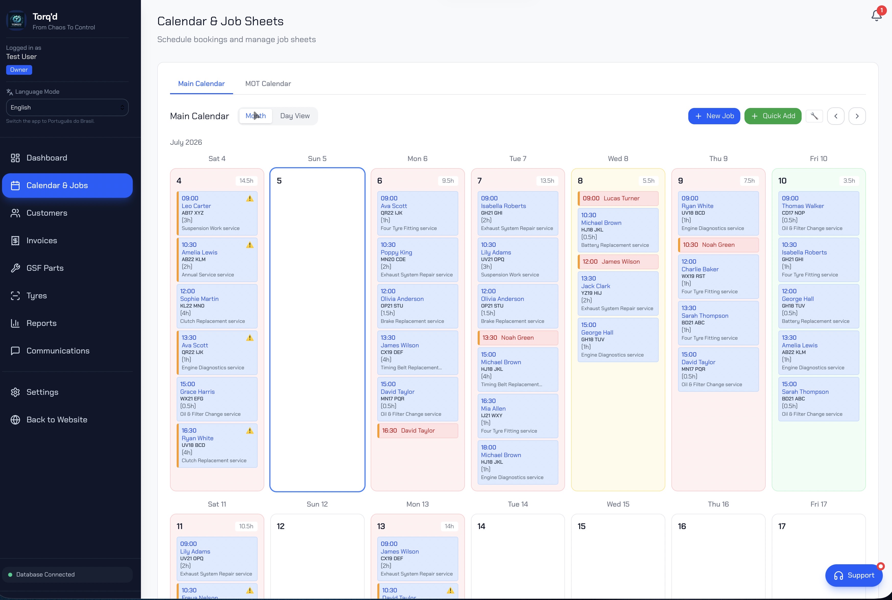 Torq'd workshop calendar with colour-coded bookings and capacity tracking