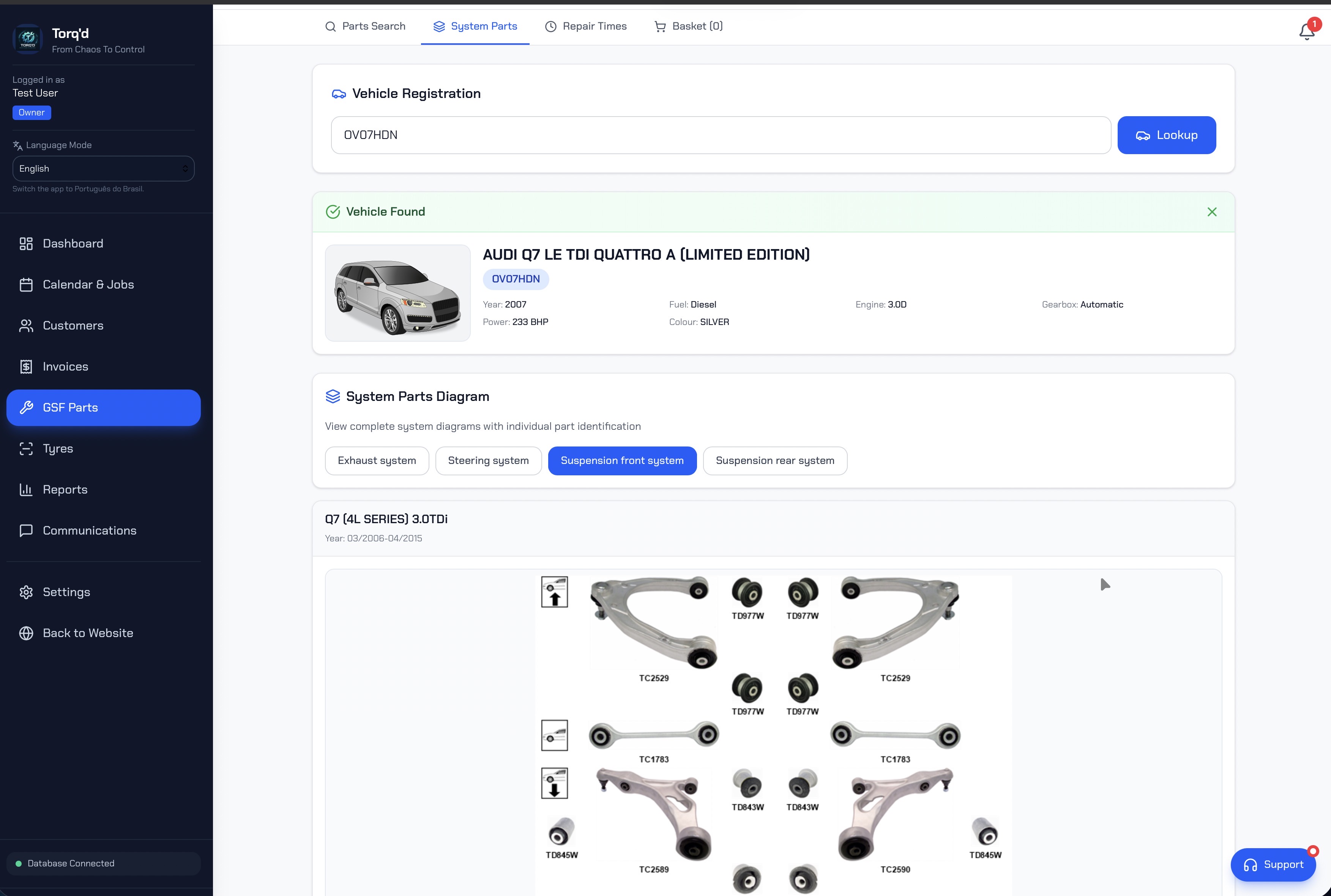 GSF parts catalogue search with vehicle lookup